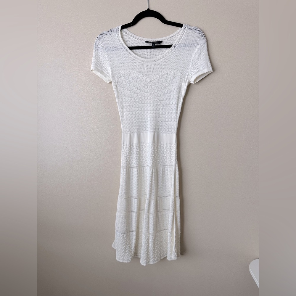 BCBG White Cream Short Sleeve Crochet Midi Dress Small
